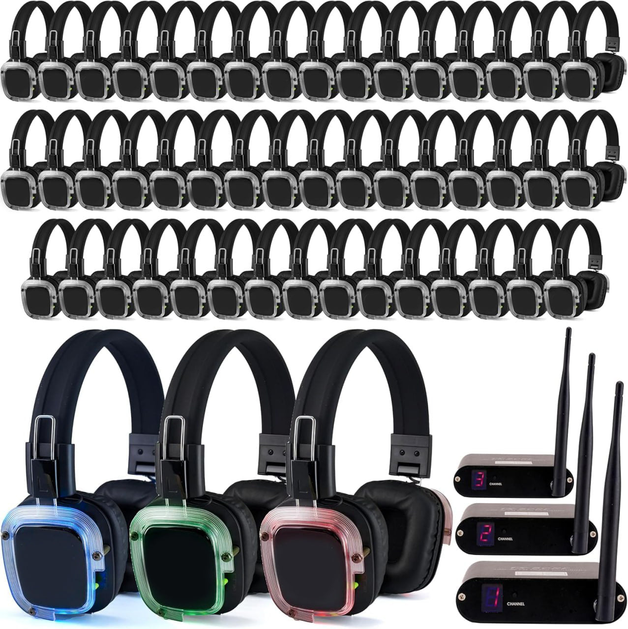 Silent Disco in a Box – 50 LED Wireless Headphones + 3-Channel Transmi ...