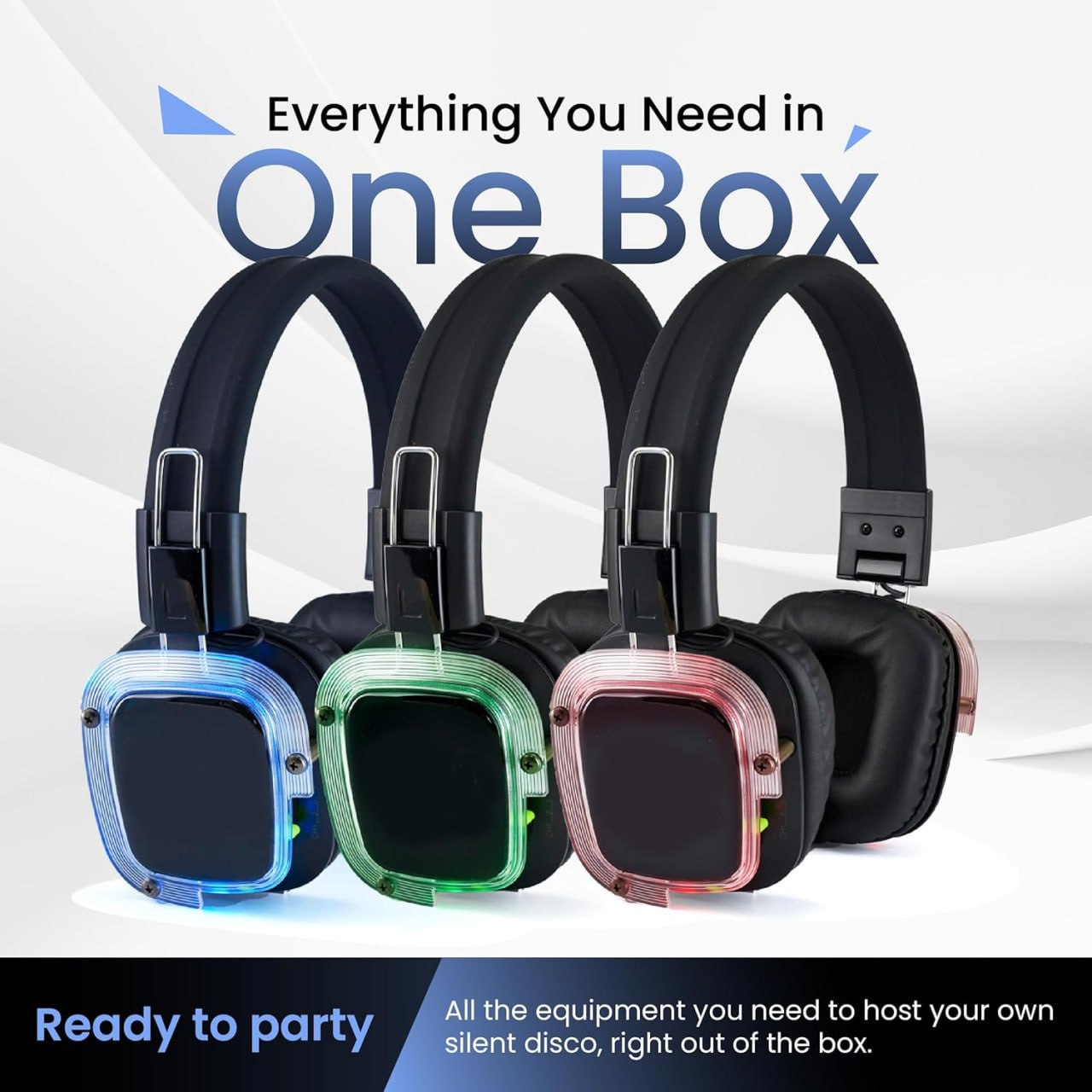 Silent Disco in a Box – 50 LED Wireless Headphones + 3-Channel Transmitters