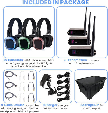 Silent Disco in a Box – 50 LED Wireless Headphones + 3-Channel Transmitters