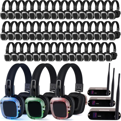 Silent Disco in a Box – 50 LED Wireless Headphones + 3-Channel Transmitters